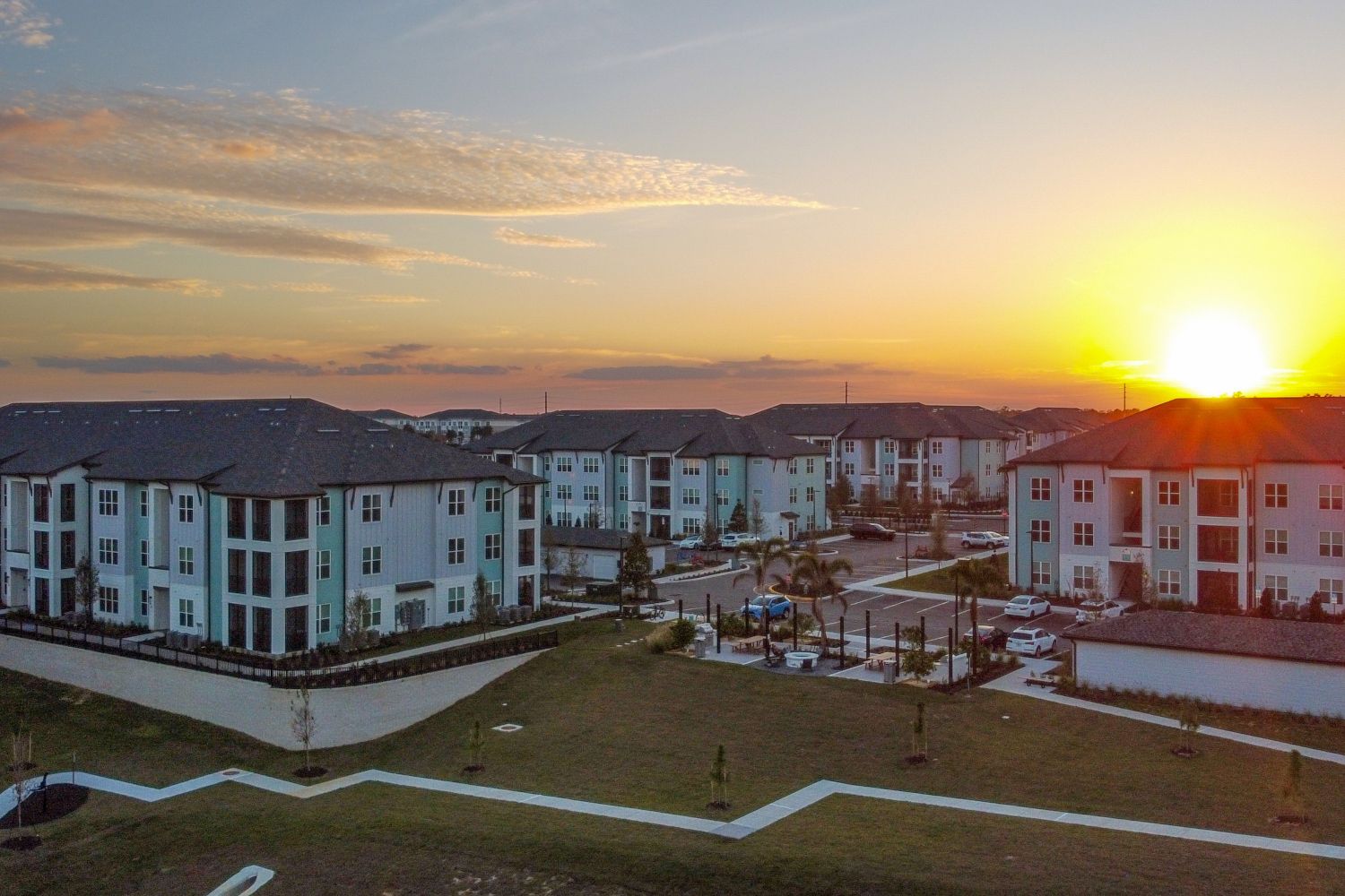 Buildings at sunset