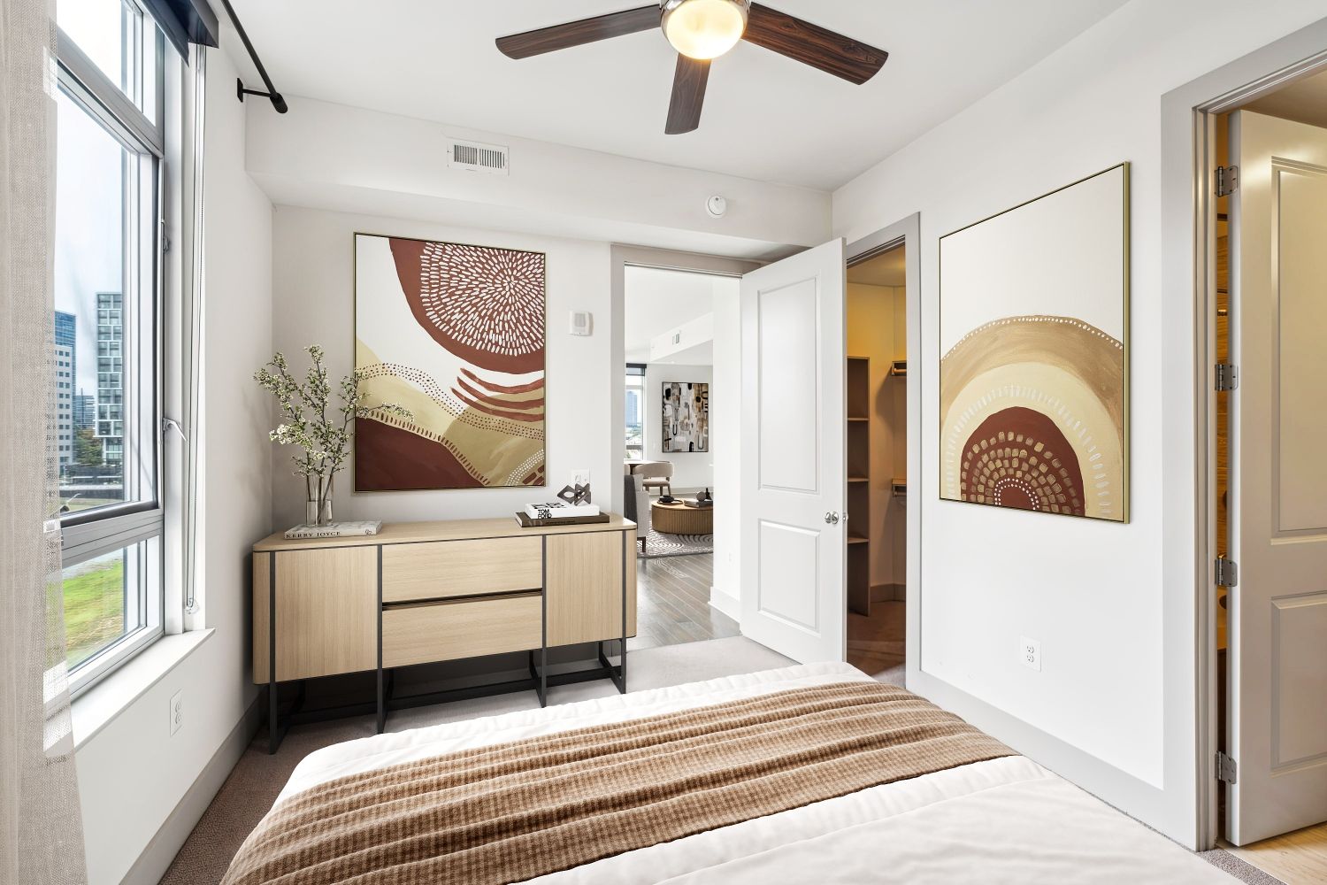 Cozy and functional bedroom spaces.