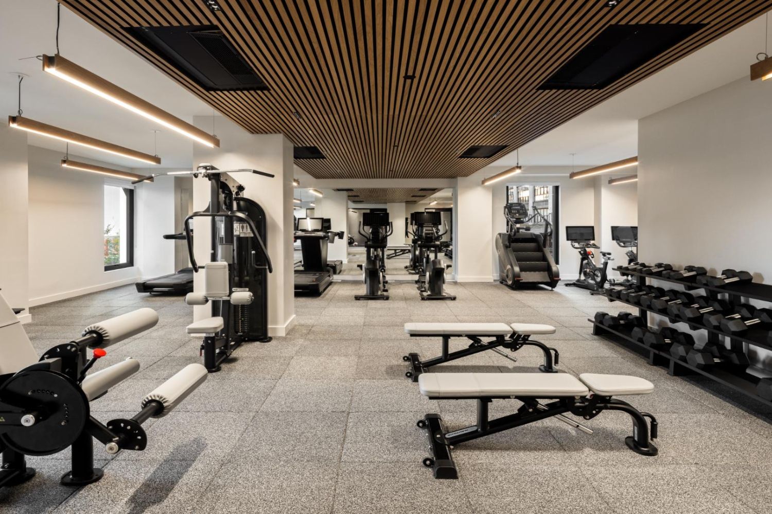 Modern gym interior featuring weight machines, free weights, and a clean design.