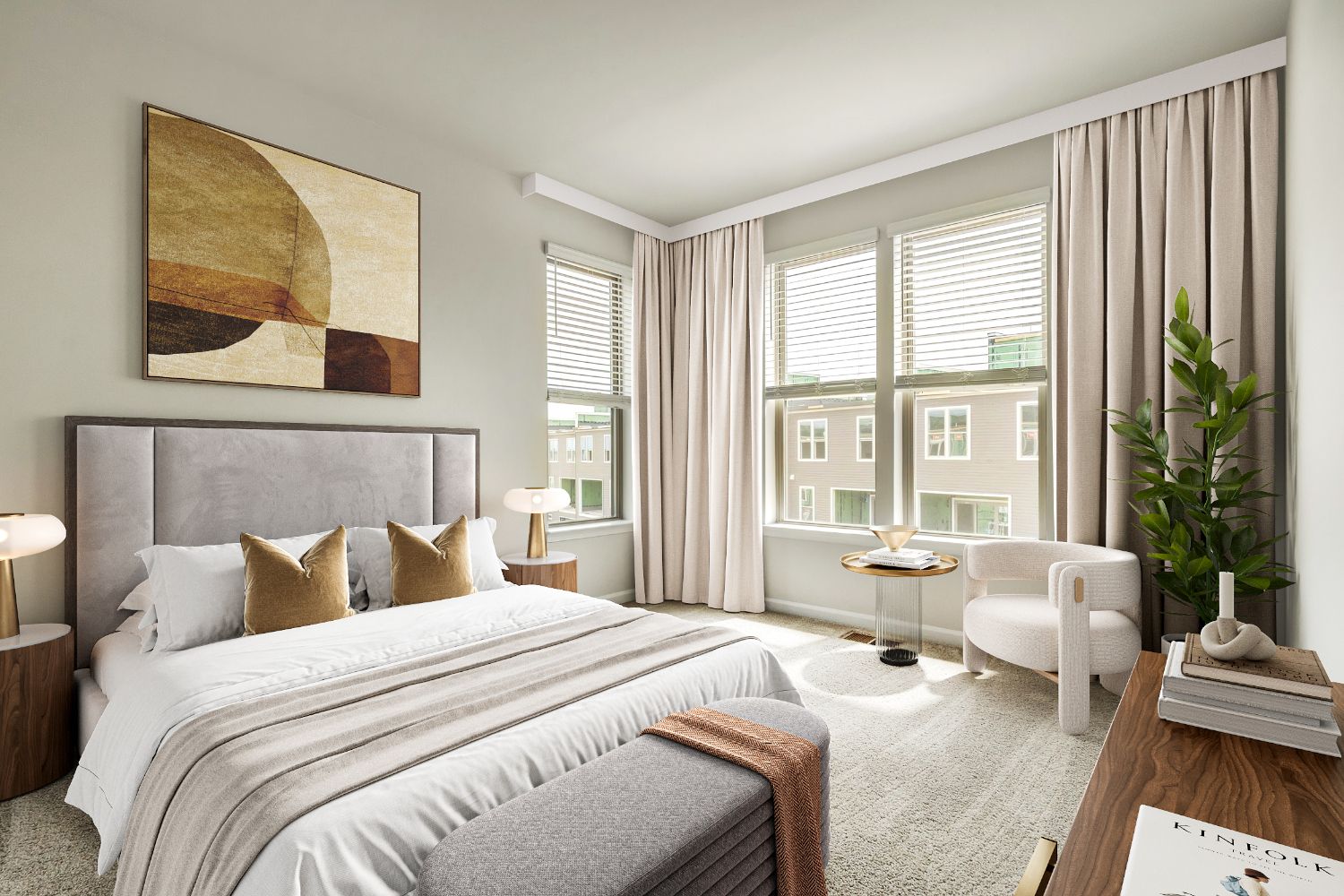 Bright, modern bedroom with large windows, plush bedding, and minimalist decor.