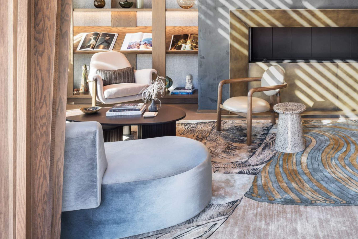 Stylish living room with modern furniture and soft, warm lighting.