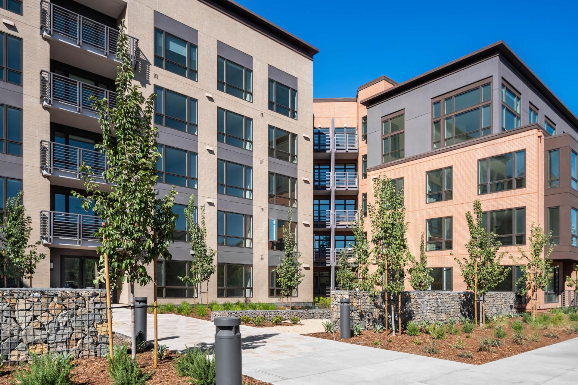 Modern apartment buildings with trees and a clear blue sky.