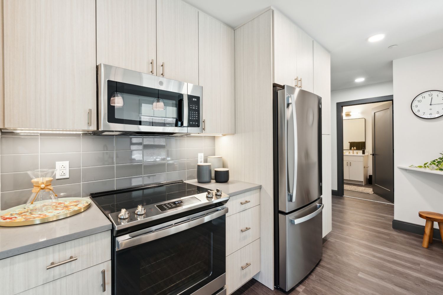 Kitchen counter and stainless steel kitchen appliances