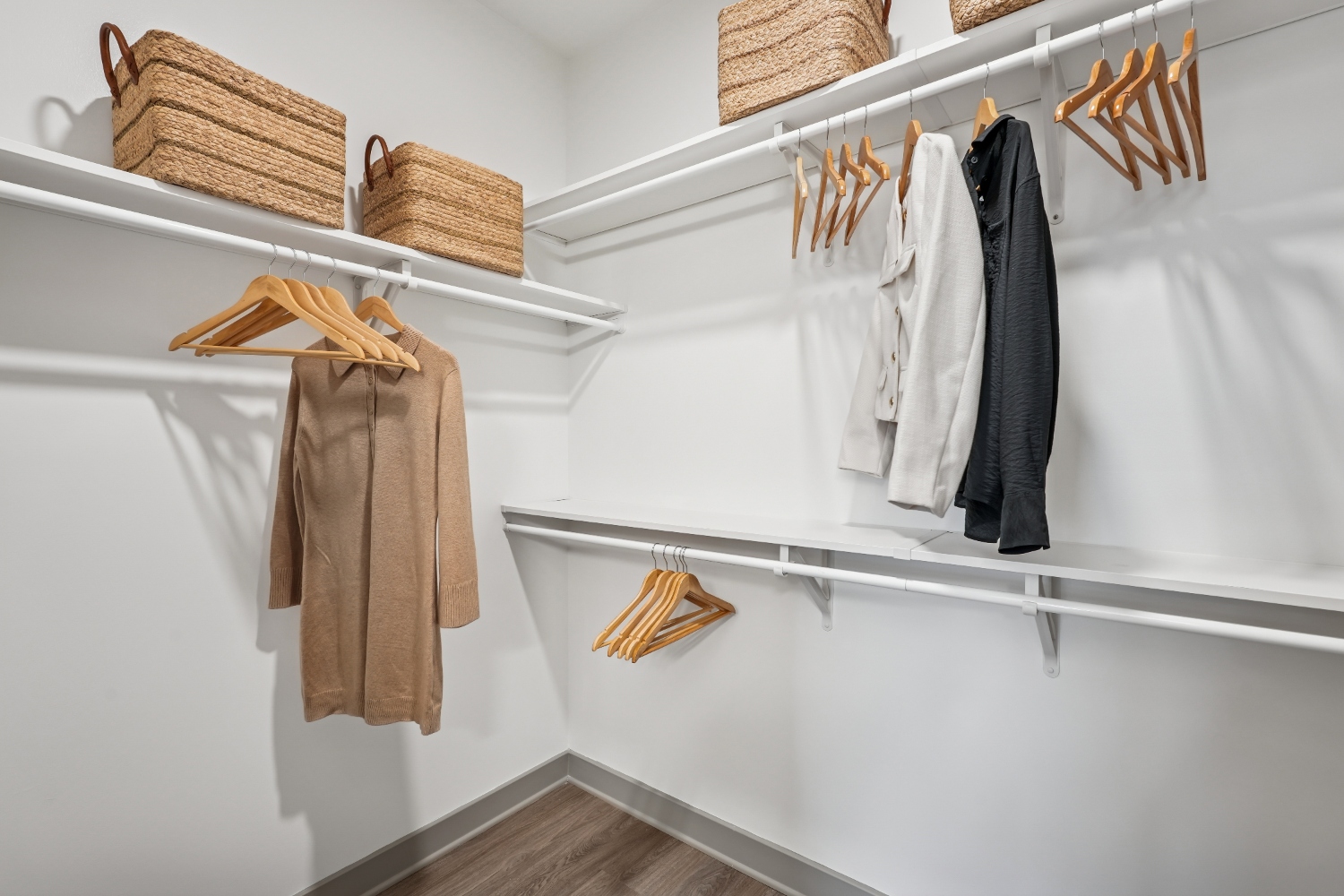 Large walk-in closets with wood shelving*