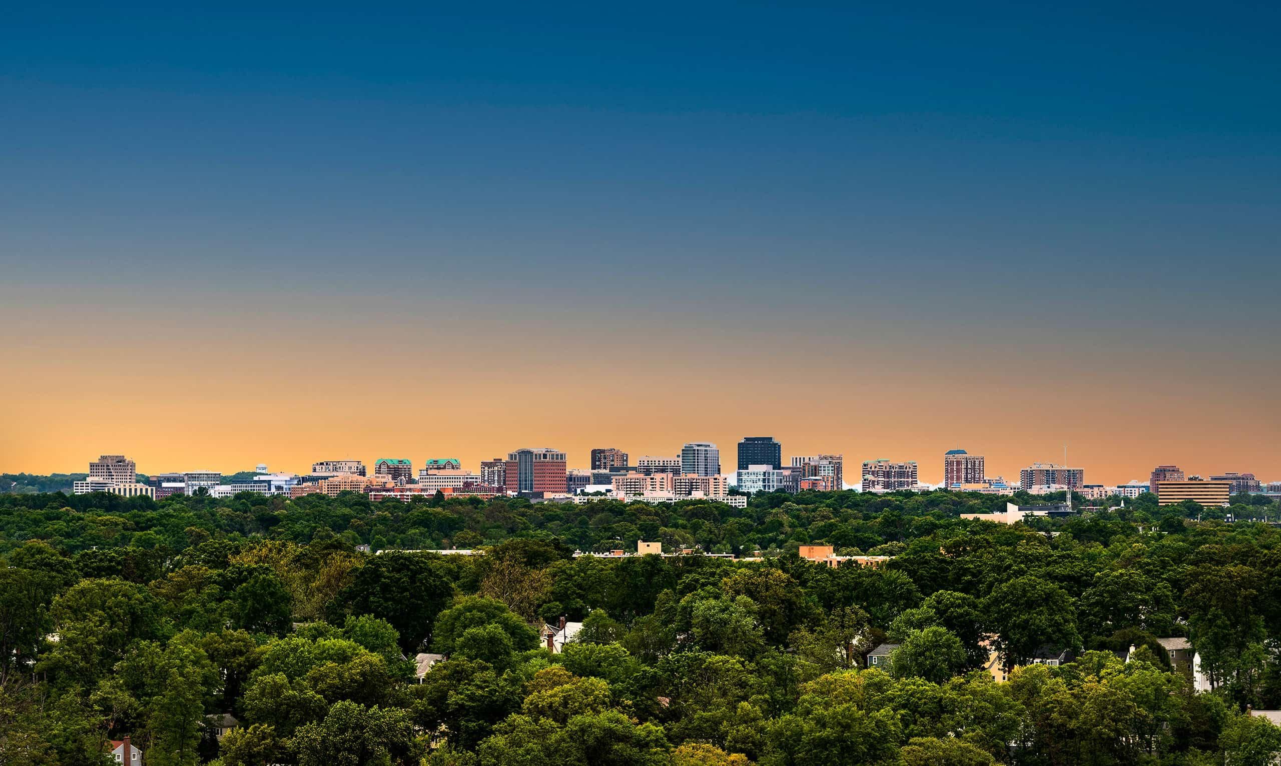 City skyline at dusk, framed by trees and a gradient sky.