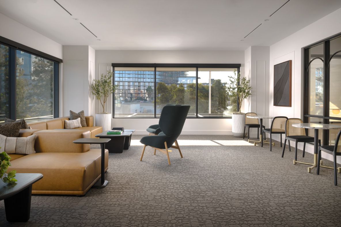 Modern living space with large windows, comfy seating, and plants.