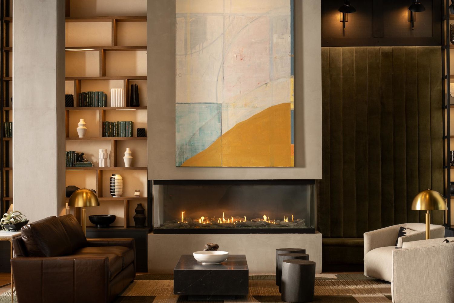 Lobby with seating and fireplace