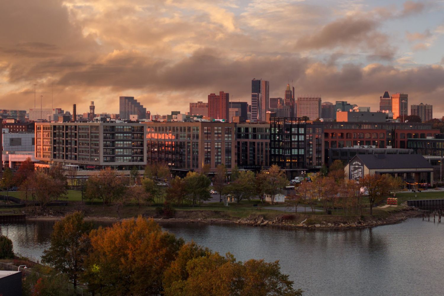 View of Baltimore Peninsular and the river in front at sunset