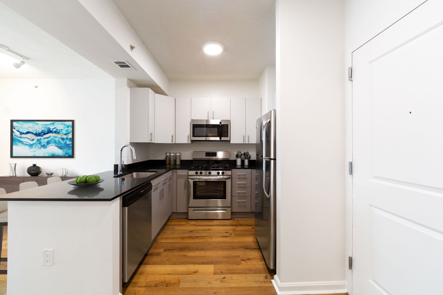 Modern kitchen with stainless steel appliances and wooden flooring.