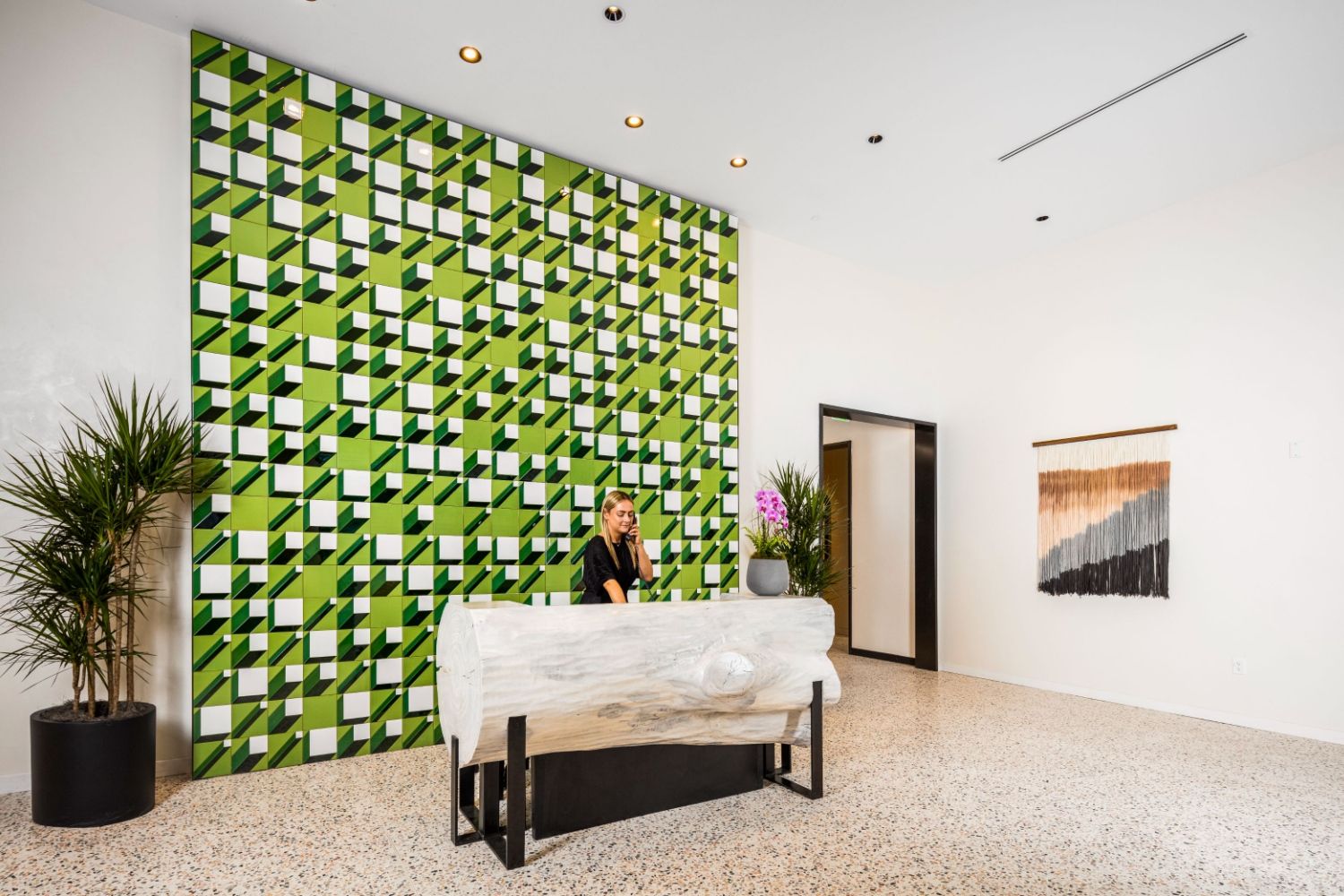 Modern reception area with a green patterned wall and a desk.