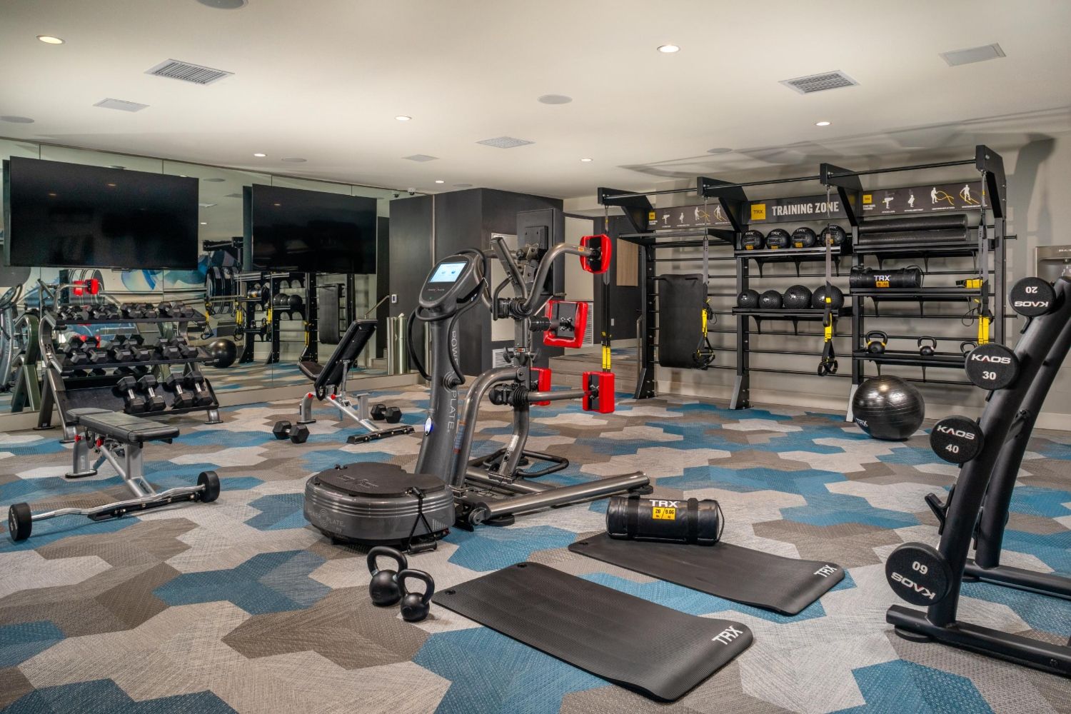 Modern gym interior with various exercise equipment and weights.
