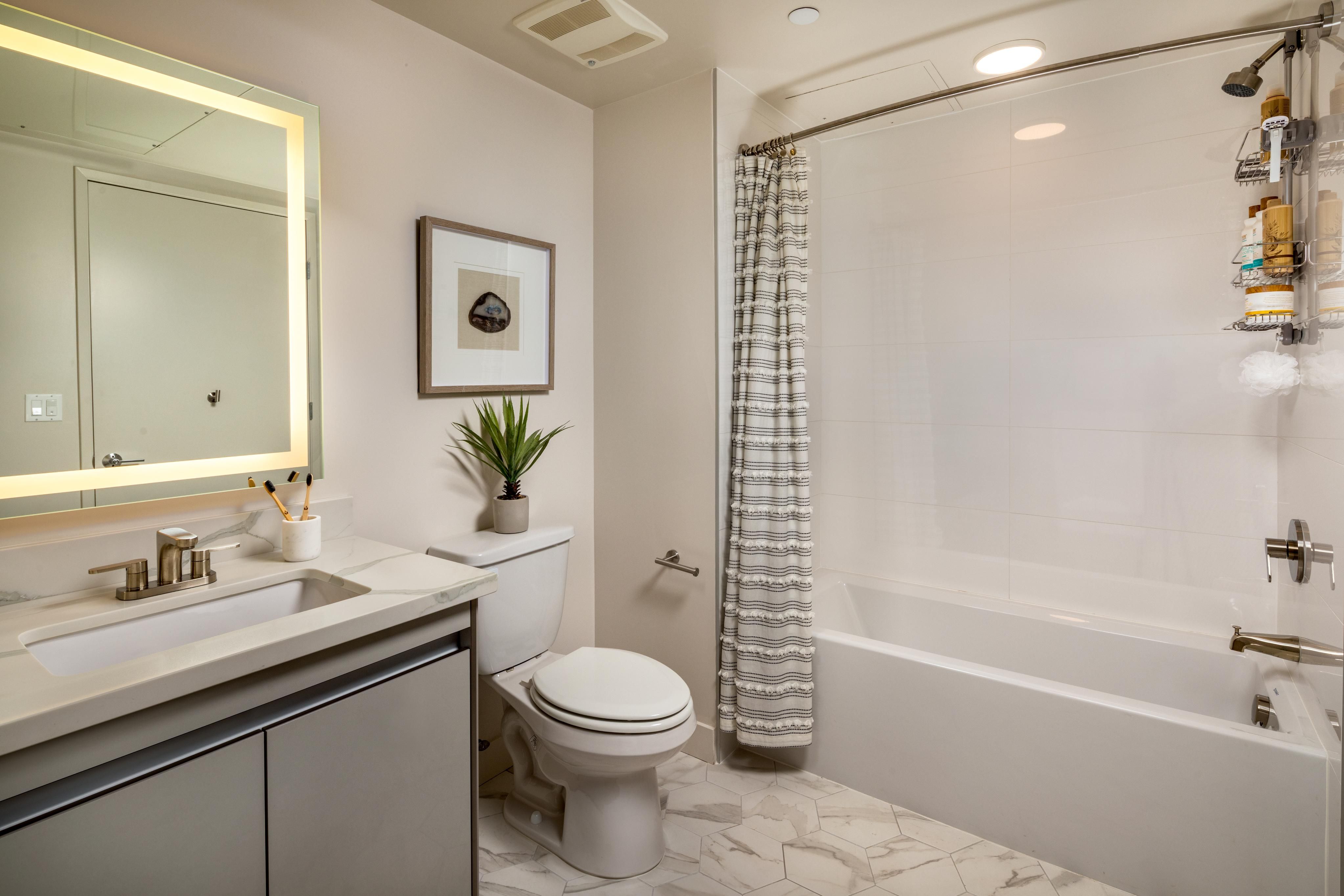 Modern bathroom with a bathtub, shower, sink, and decor including a plant and framed art.