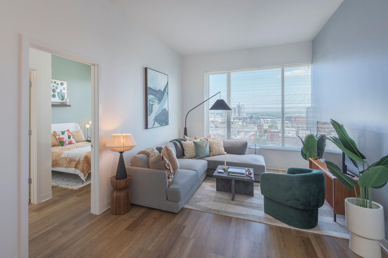 Living room with large windows and view.