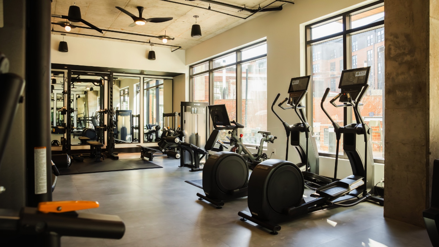 Modern gym with elliptical machines and large windows for natural light.