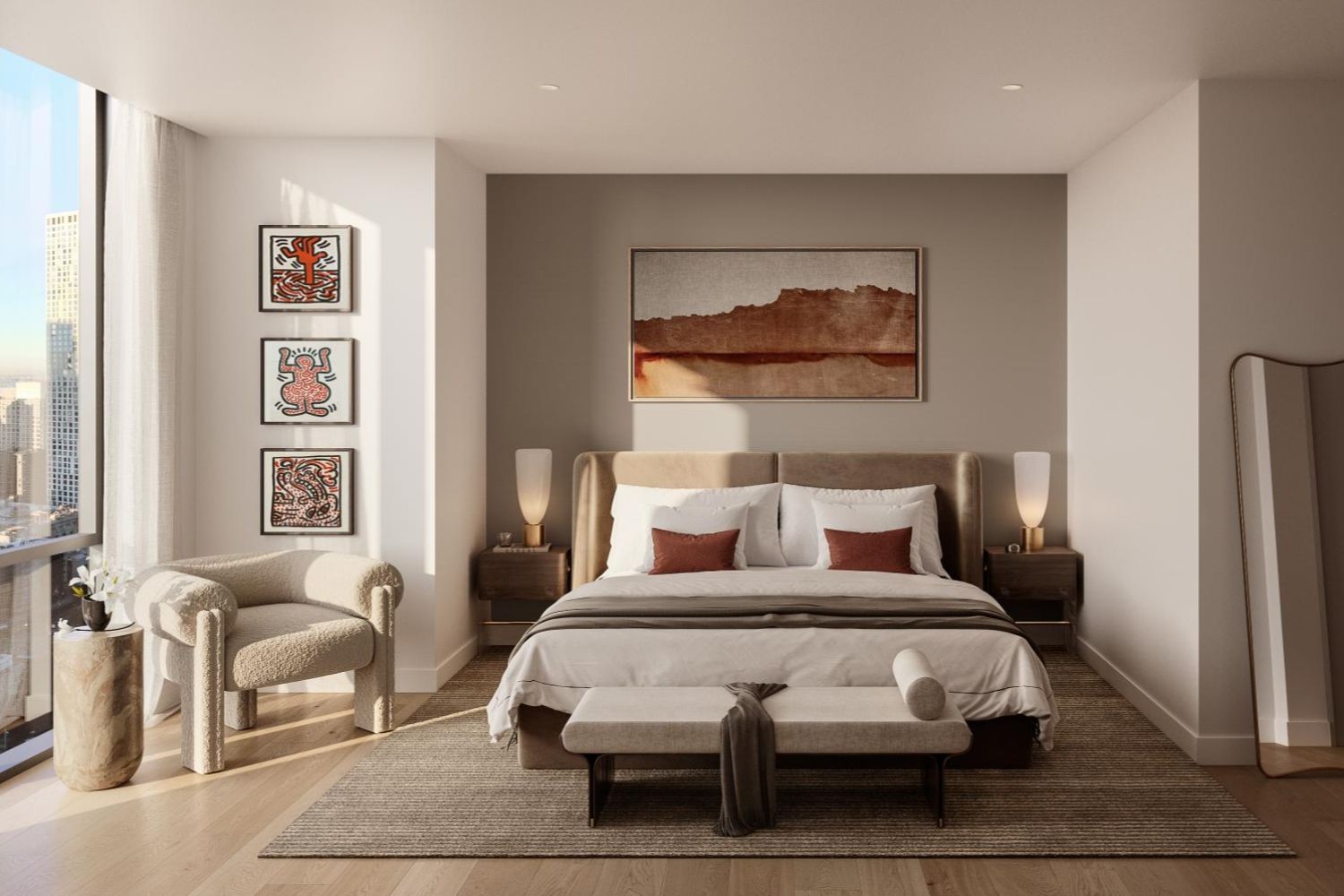 Stylish bedroom with a large bed, armchair, and minimalist decor in warm tones.