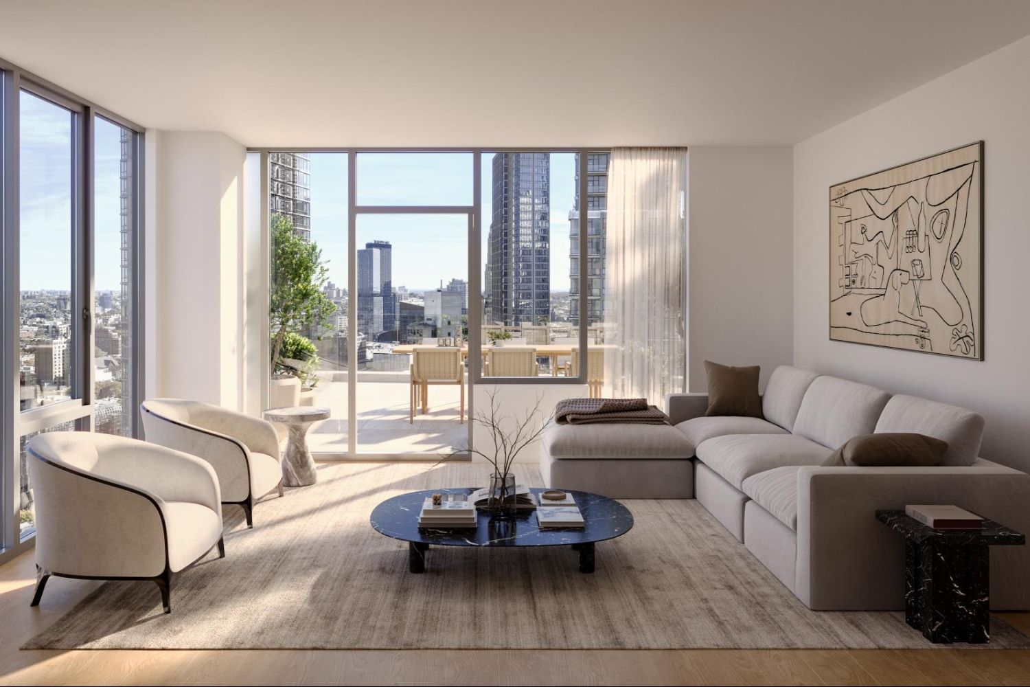 Modern living room with large windows, minimalist furniture, and a view of the city.