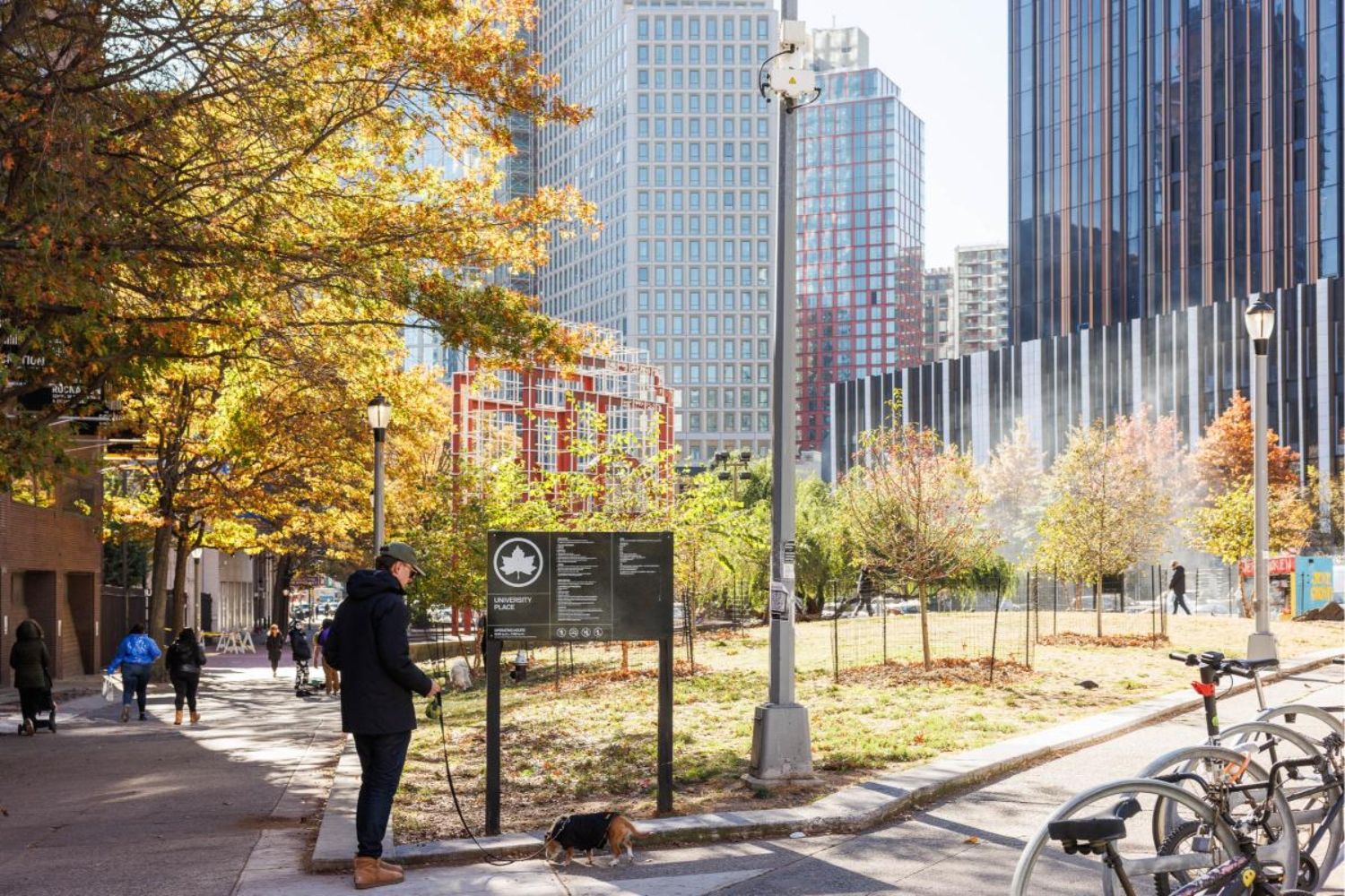 City park with modern buildings, trees, and people walking on a sunny day.
