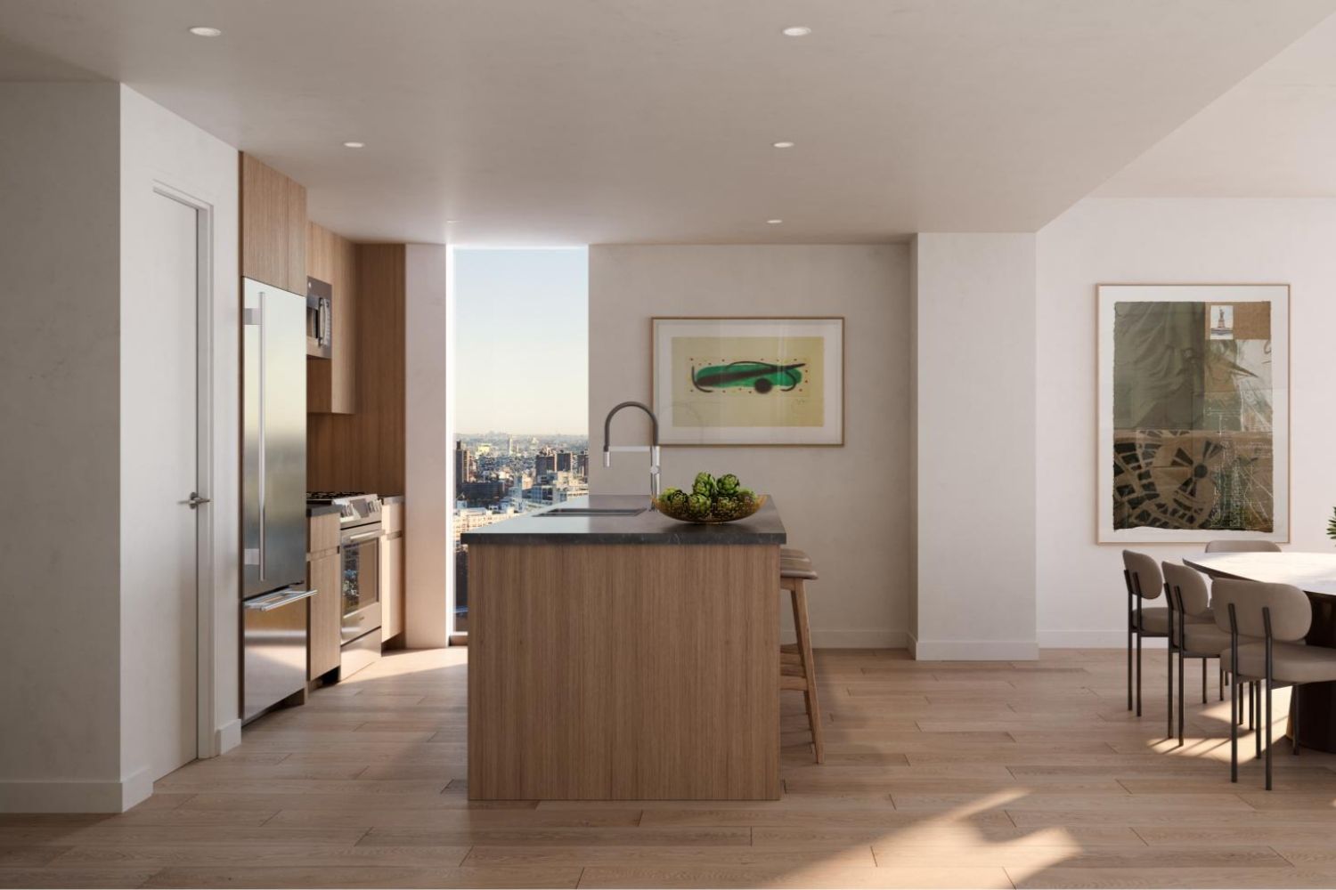 Modern kitchen with wooden island, stainless appliances, and bright, airy decor.