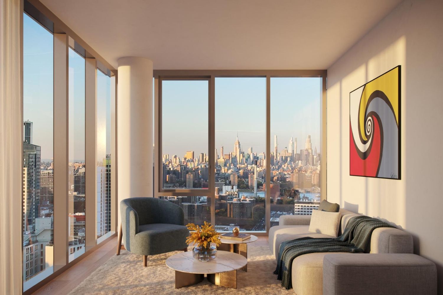 Modern living room with floor-to-ceiling windows showcasing a city skyline view.
