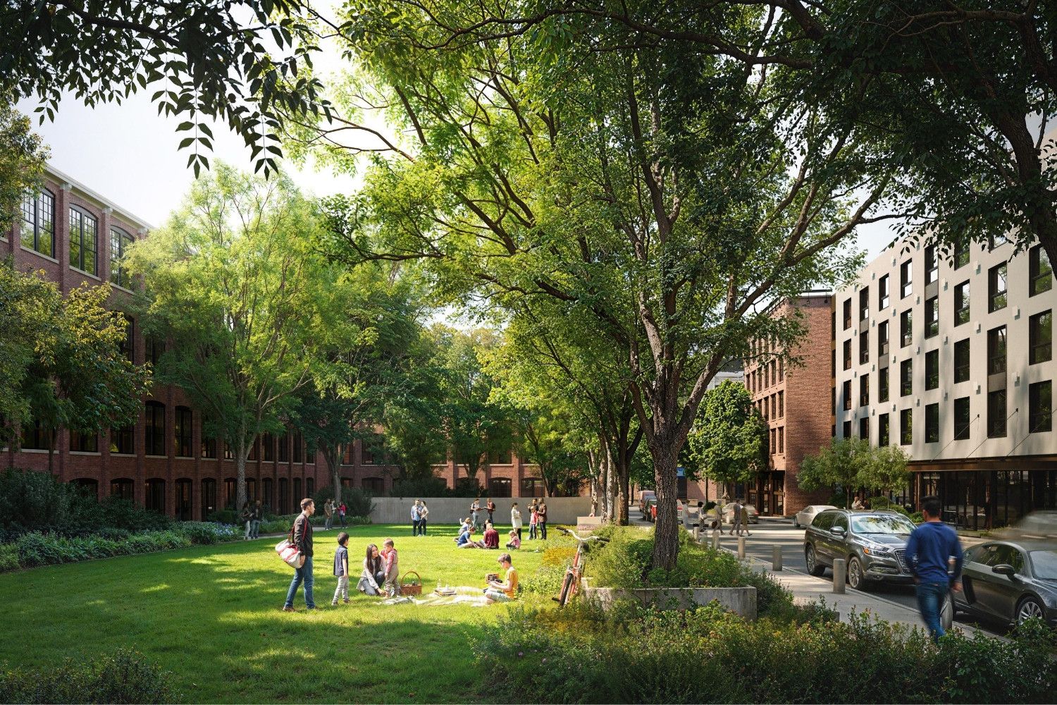 Urban park with trees, people gathering, and modern buildings in the background.