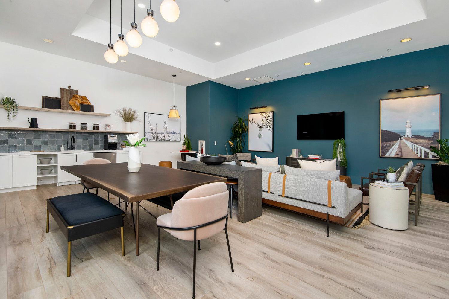 Community lounge featuring coffee and tea service and full kitchen.