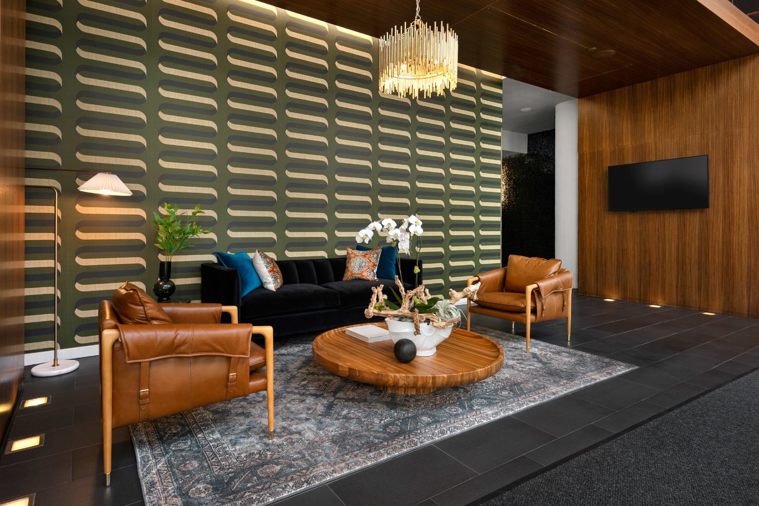 Our residential lobby greets you with elegant ambiance, where every detail says 'welcome home.'