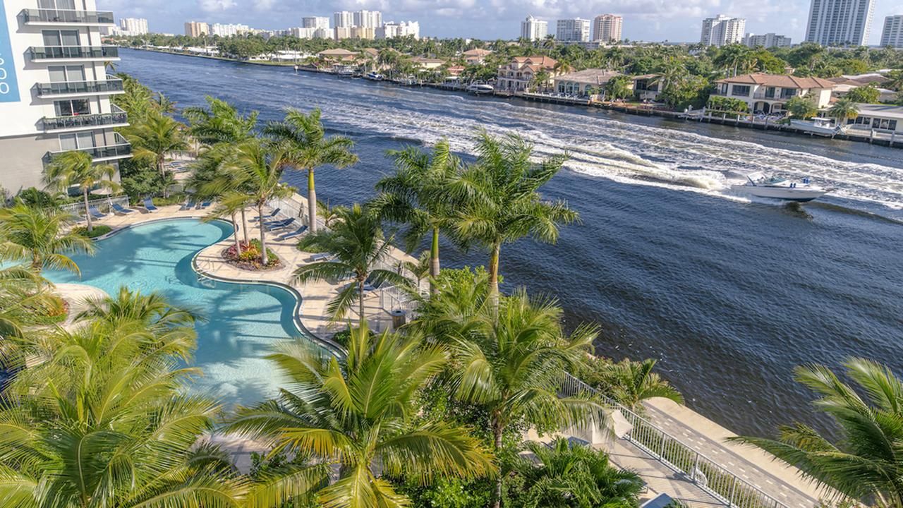 A river view with palm trees, a pool, and waterfront properties under a clear sky.