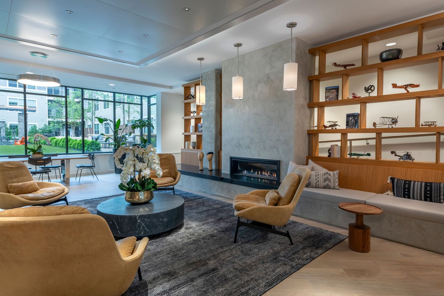 A warm and welcoming fireplace lounge