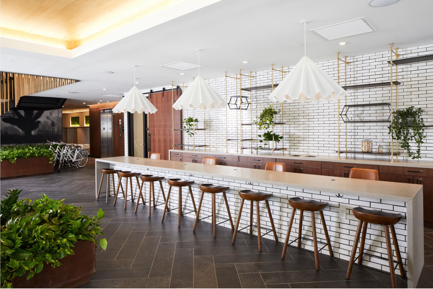 A refined yet approachable community lounge for remote work or socializing