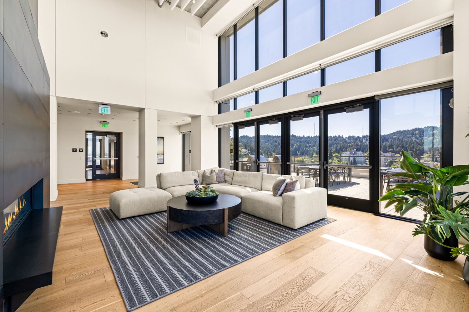 Rooftop clubroom with sofas, a fireplace, and expansive city views.