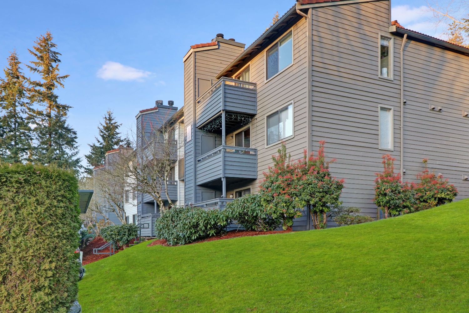 Apartment building exterior with landscaped walkway, covered parking, and surrounding trees