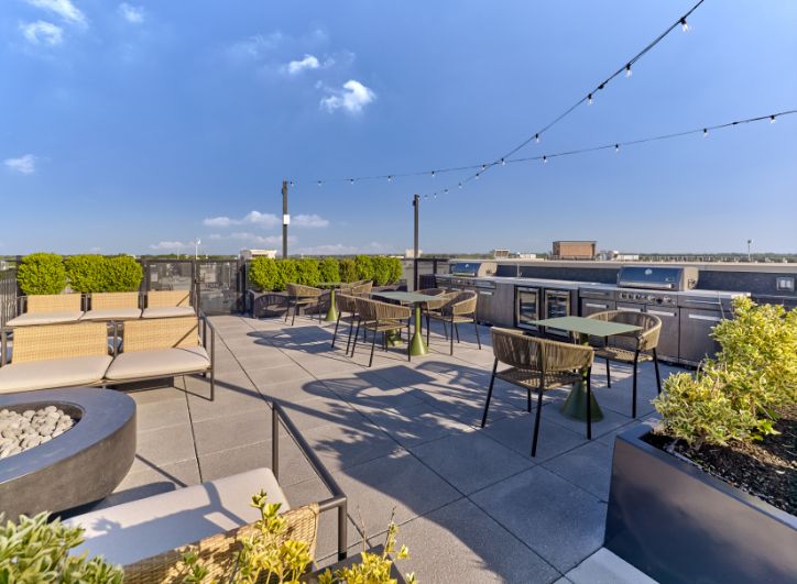 Rooftop terrace with seating, plants, and blue sky.