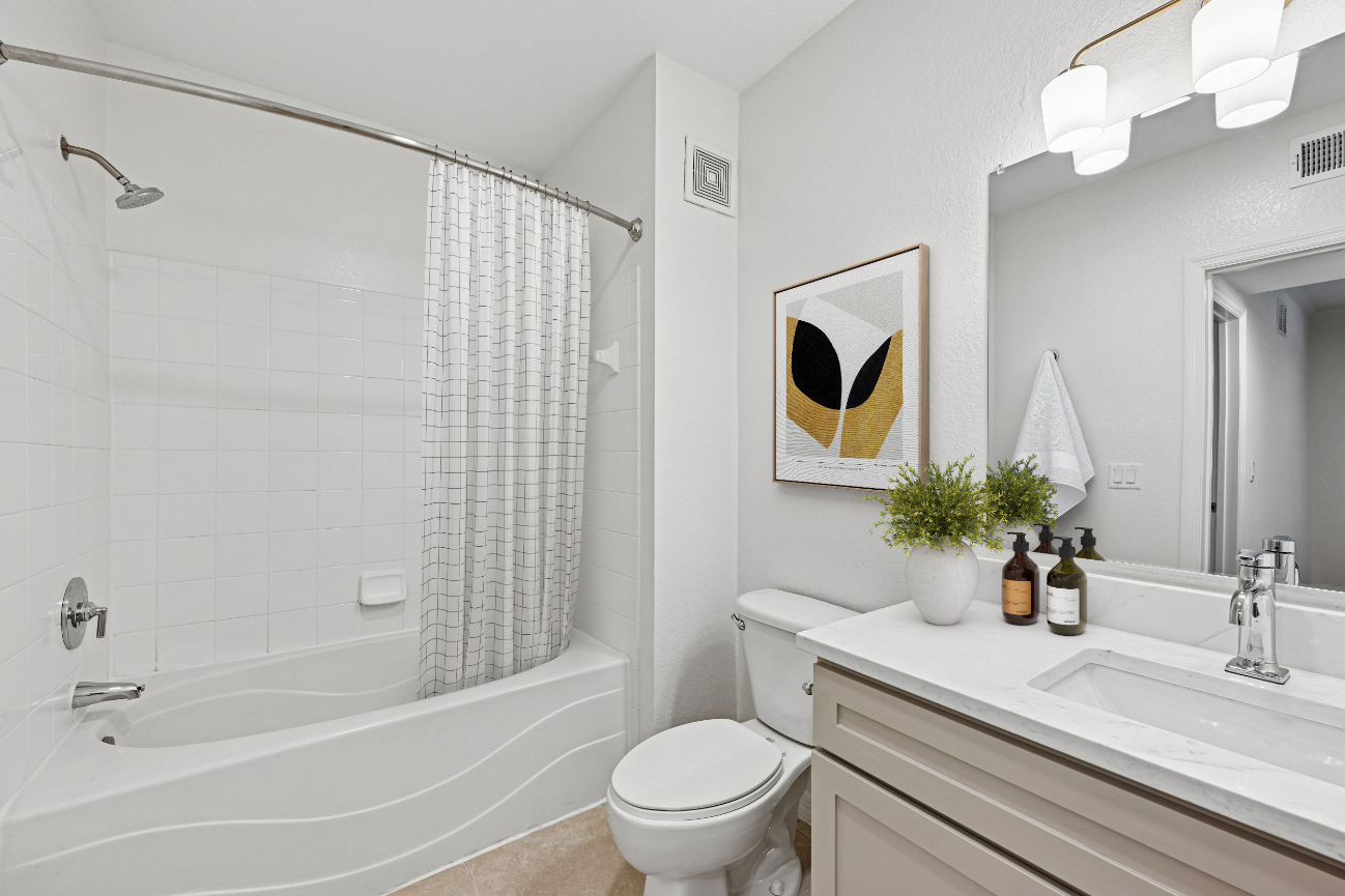 Modern bathroom with a shower, white tub, sink, mirror, and stylish decor.