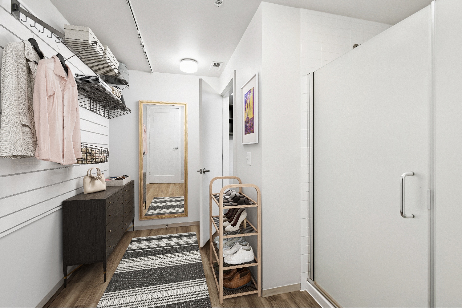 Closet with clothes hanging and shoe rack