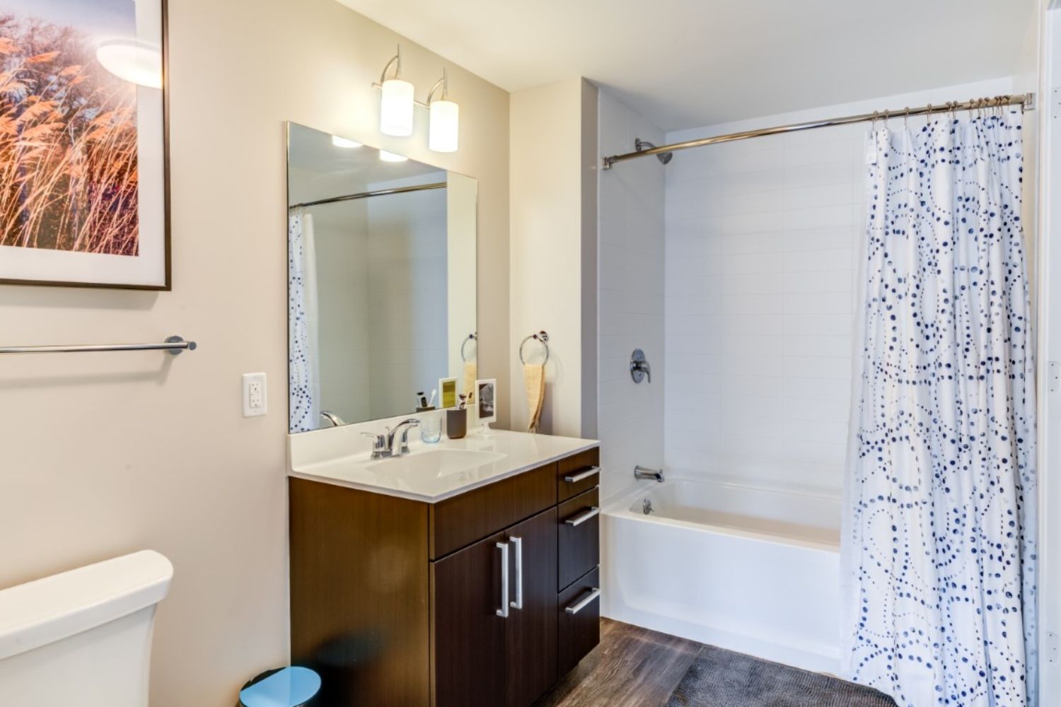 Modern bathroom featuring a tub, shower curtain, vanity with mirror, and wall art.