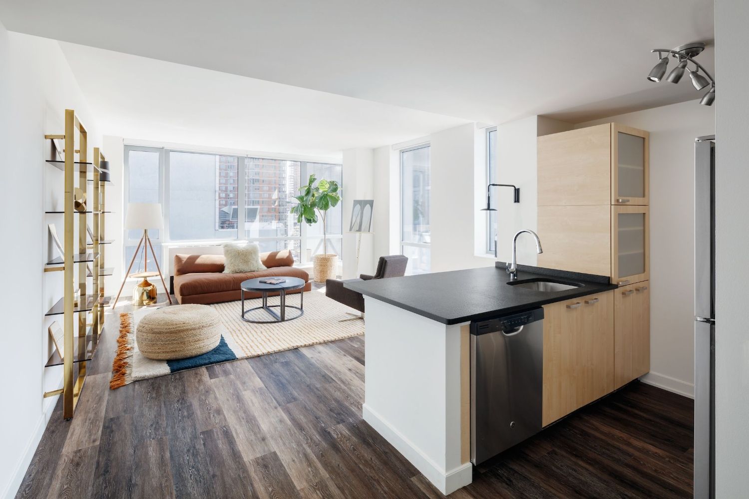 Modern open-concept apartment with kitchen, living area, and large windows.