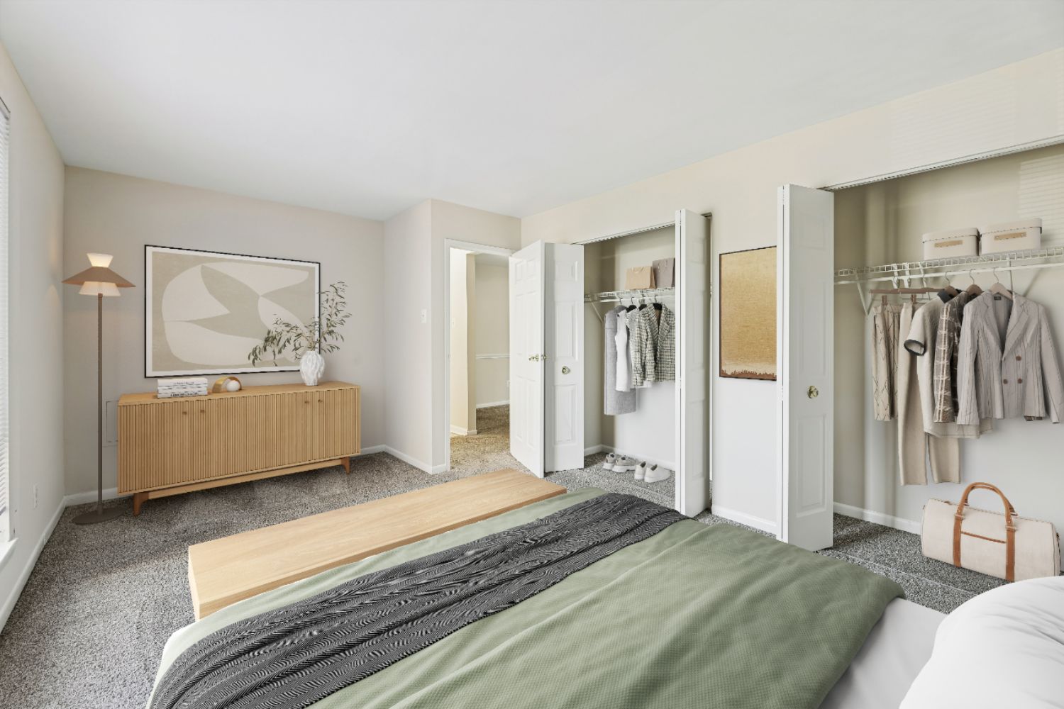 Bedroom with bed with green blankets