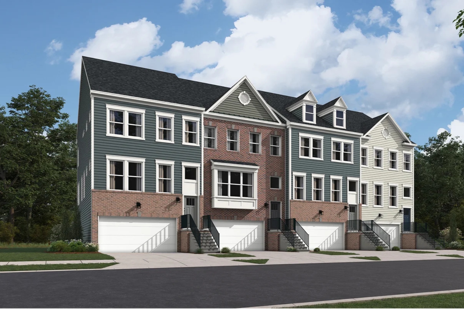 Row of modern townhouses with varying colors and garage doors, under a cloudy sky.