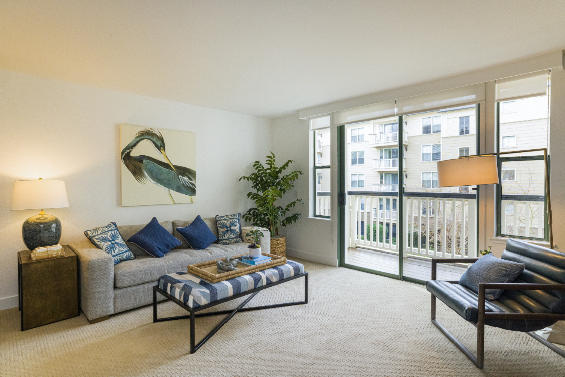 Modern living room with a sofa, coffee table, and large windows.
