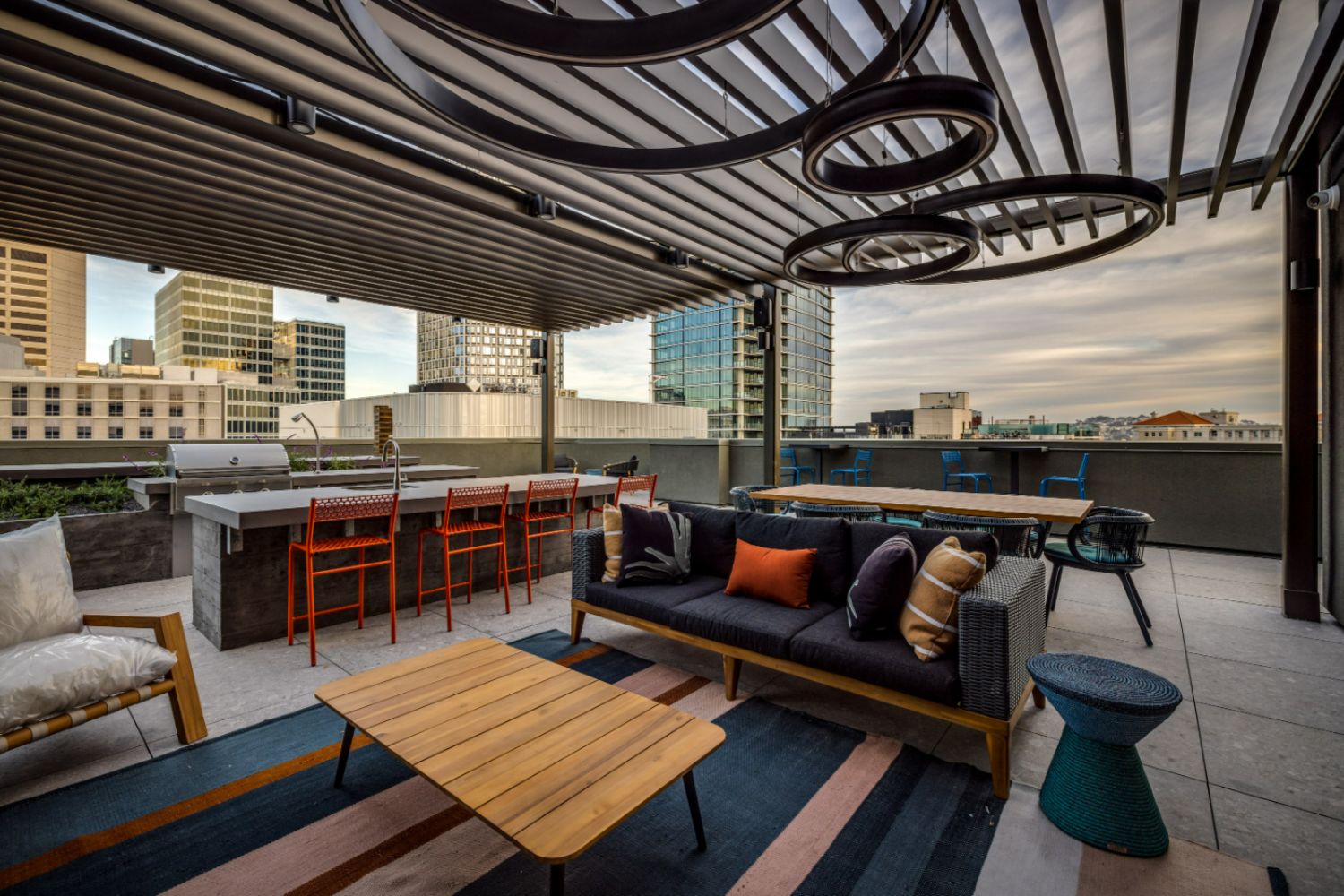 Apartment rooftop terrace with panoramic San Francisco skyline views and seating