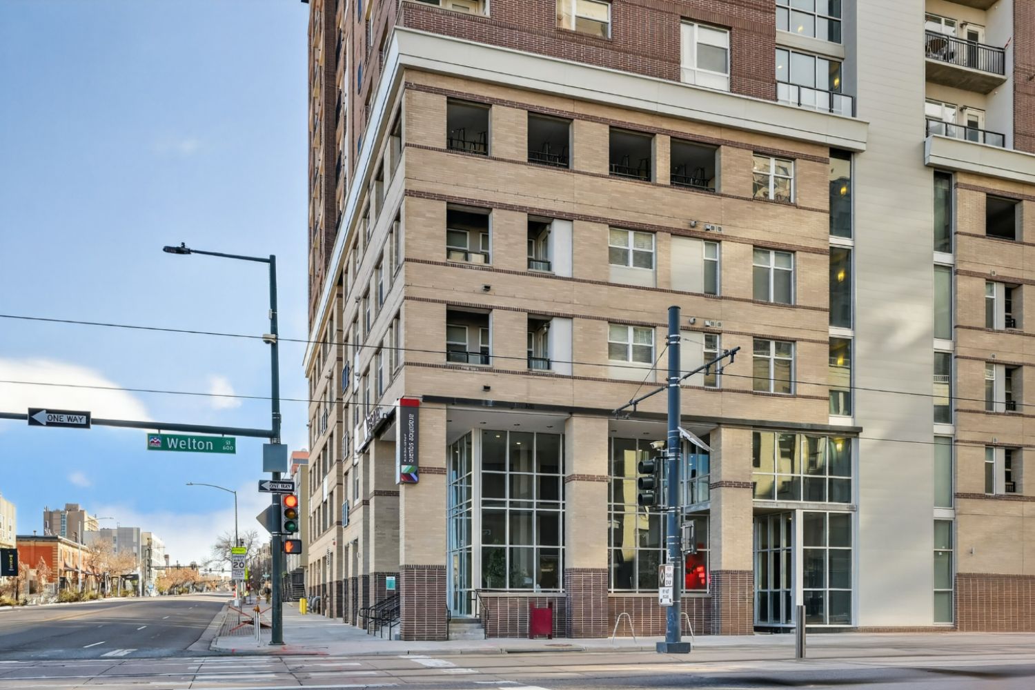 Exterior view of Arapahoe Square apartments in Denver, Colorado