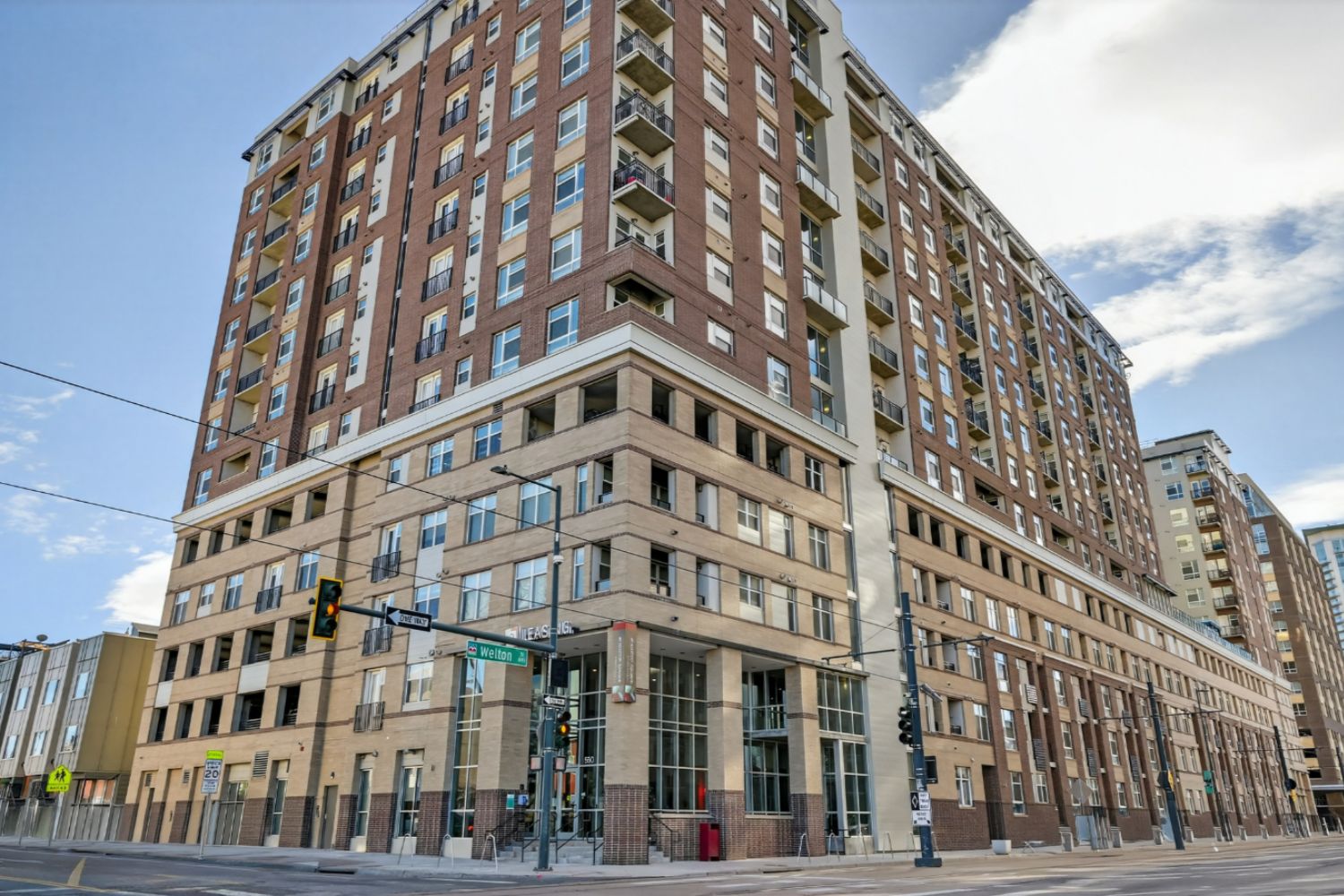 Exterior view of Arapahoe Square apartments in Denver, Colorado