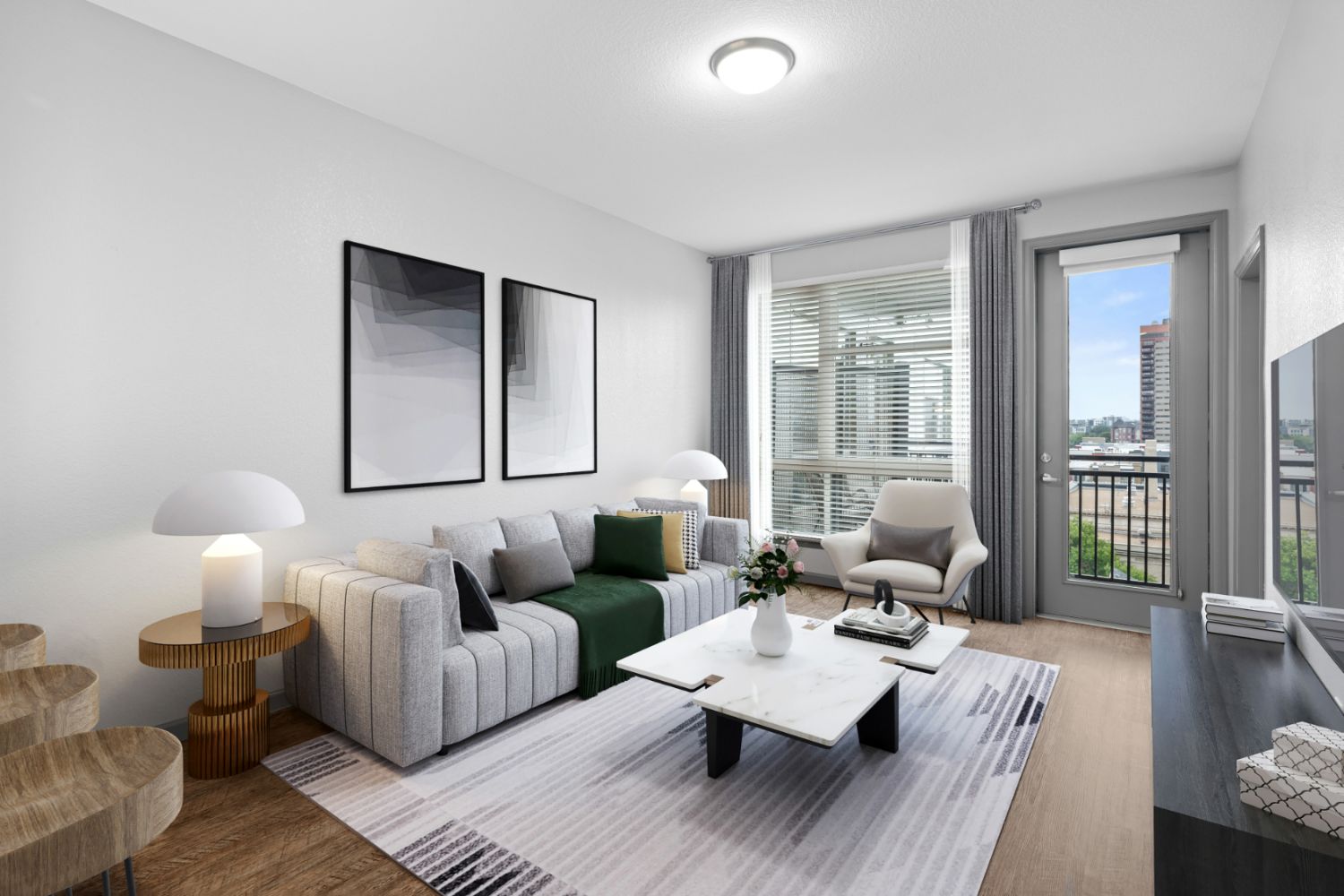 Living area with natural light and upscale design elements.