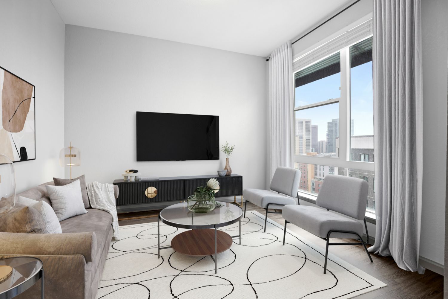 Luxury apartment living room with floor-to-ceiling windows, modern furniture, and natural light in Denver apartment