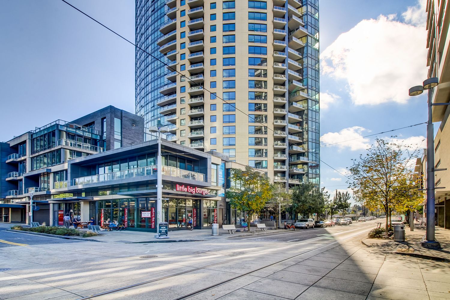 Street view of The Ardea high-rise apartment community in Portland's South Waterfront neighborhood.