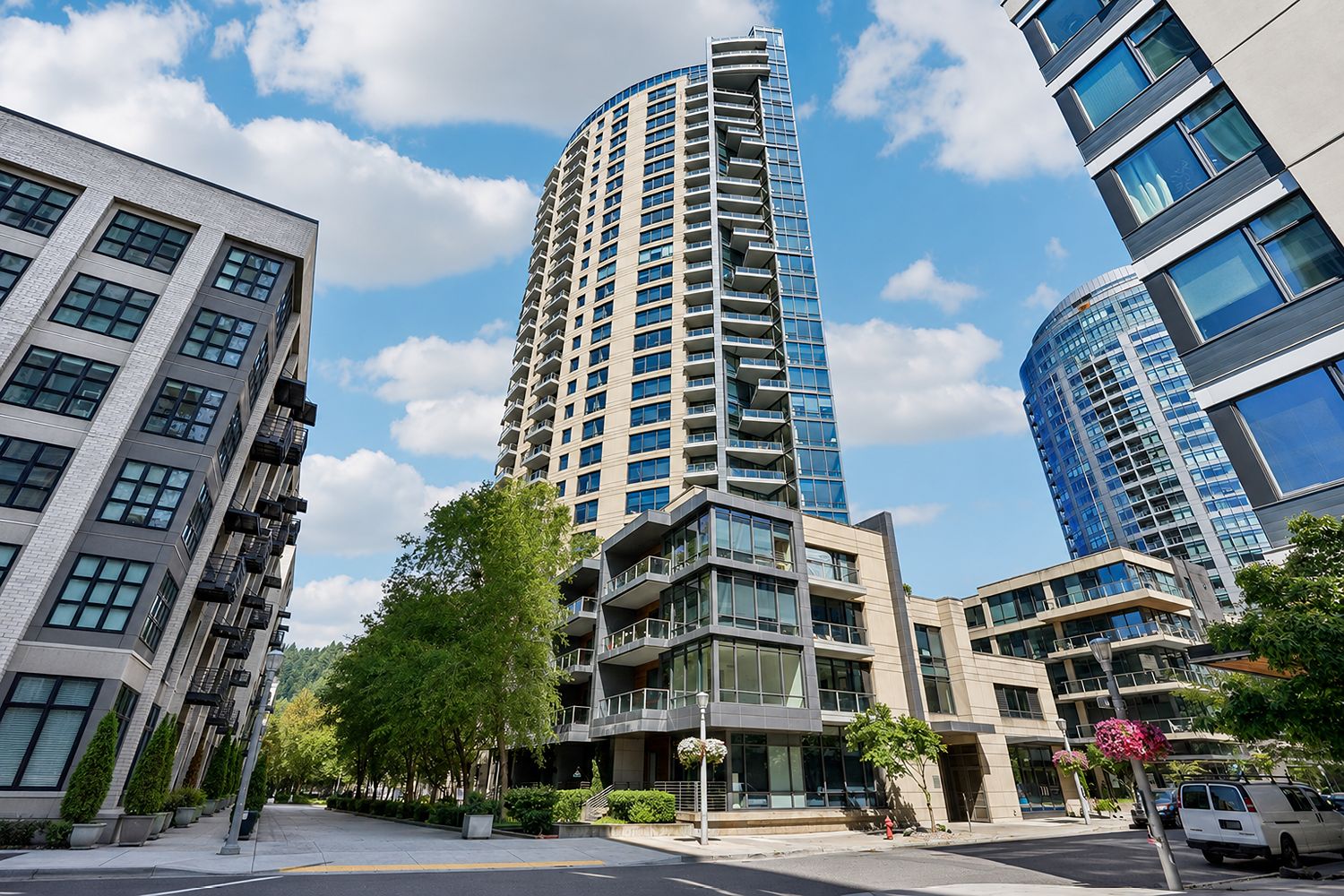 Street view of The Ardea luxury apartment tower in Portland.